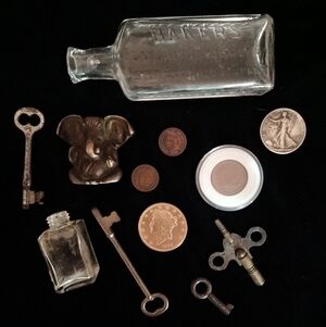 Grandpa's Antique Vintage Lot - Bottles Coins- Keys - Bronze Statue